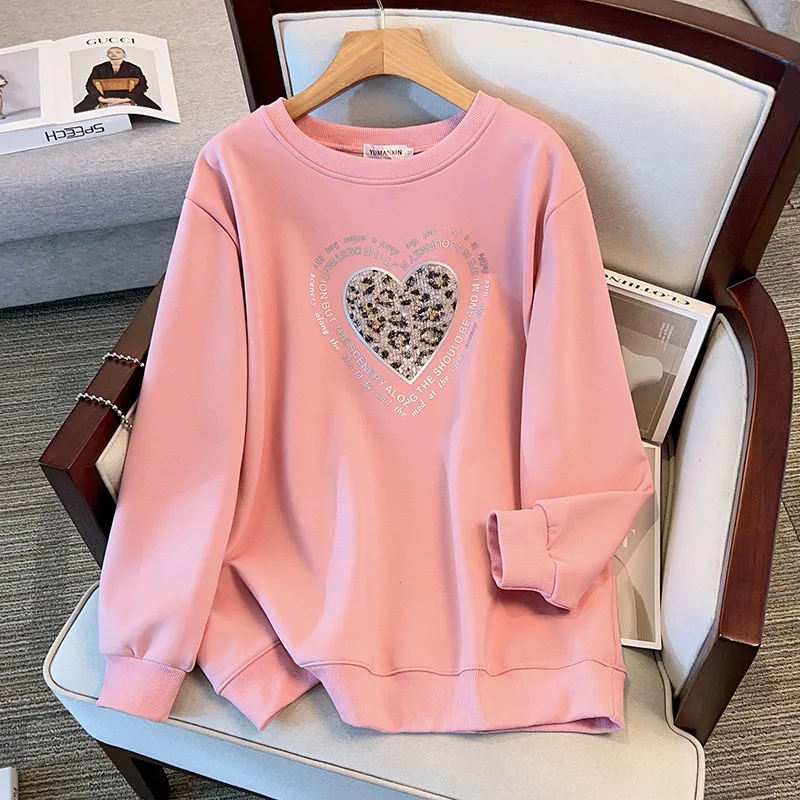 175 kg plus size dames buste 170 lente herfst losse ronde hals lange mouw bedrukt sweatshirt zwart roze 5XL 6XL 7XL 8XL 9XL