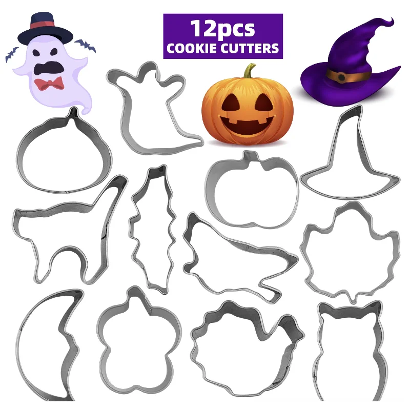 Halloween Mini Cookie Cutters Set 12 Pieces Stainless Steel Pumpkin Ghost Bat Spider Web Baking Tool Kit Cake Decoration