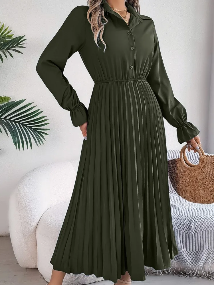 

Fashionable Autumn Winter New Dress Casual Lapel Button Long Sleeved Waist Cinched Pleated Long Skirt Elegant Dress For Women