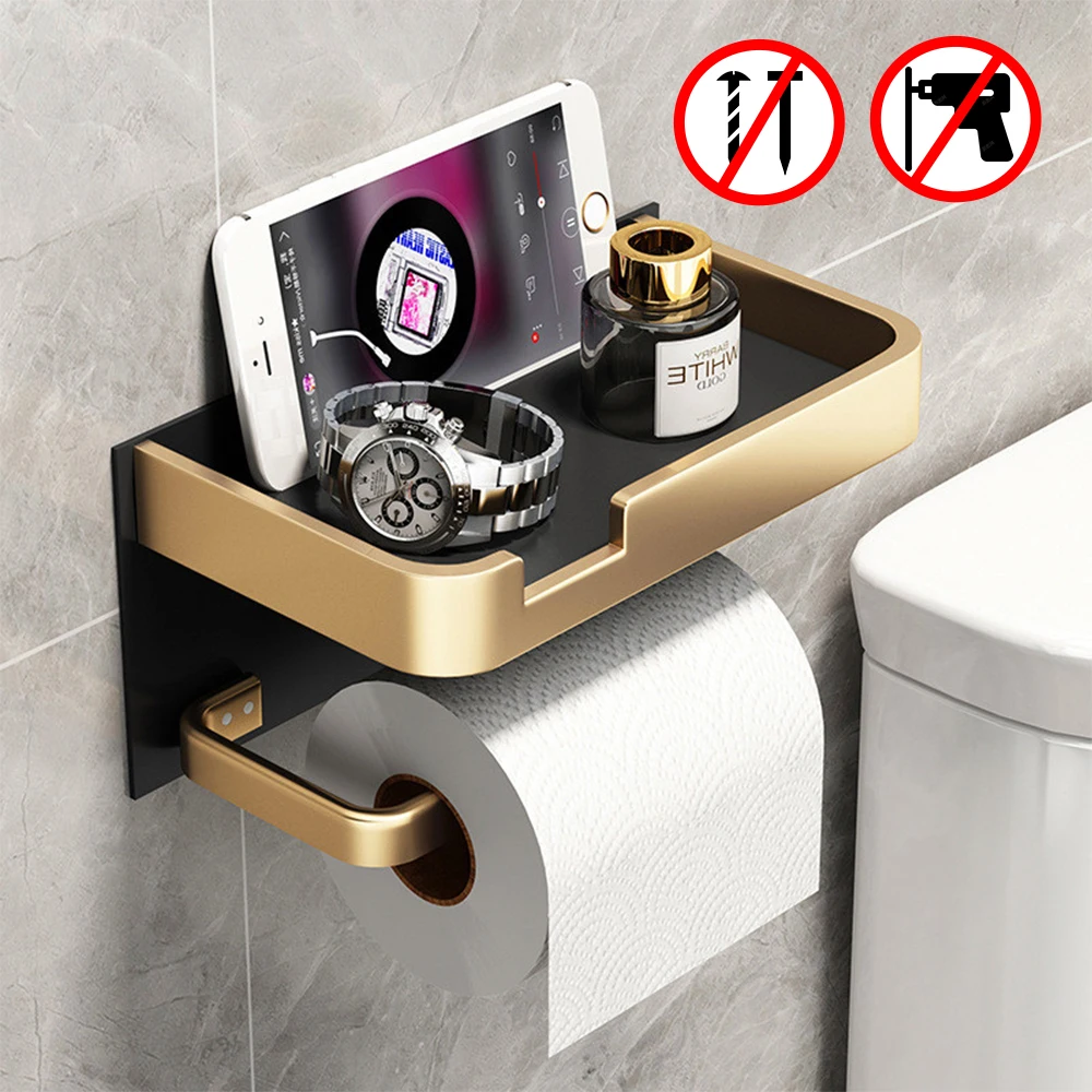 

Toilet Paper Roll Aluminum holder With Shelf Toilet Paper dispenser No Drill Tissue hanger Toilet Bathroom Accessories