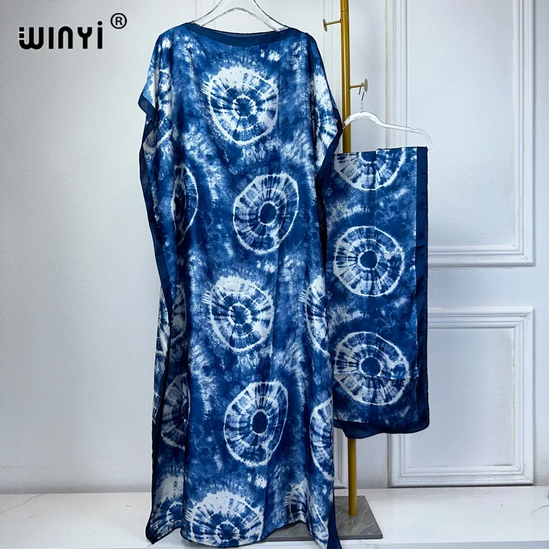 WINYI Tie-dye print african party dresses woman elegant with belt summer free size kaftan silk feeling abaya dubai luxury 2024