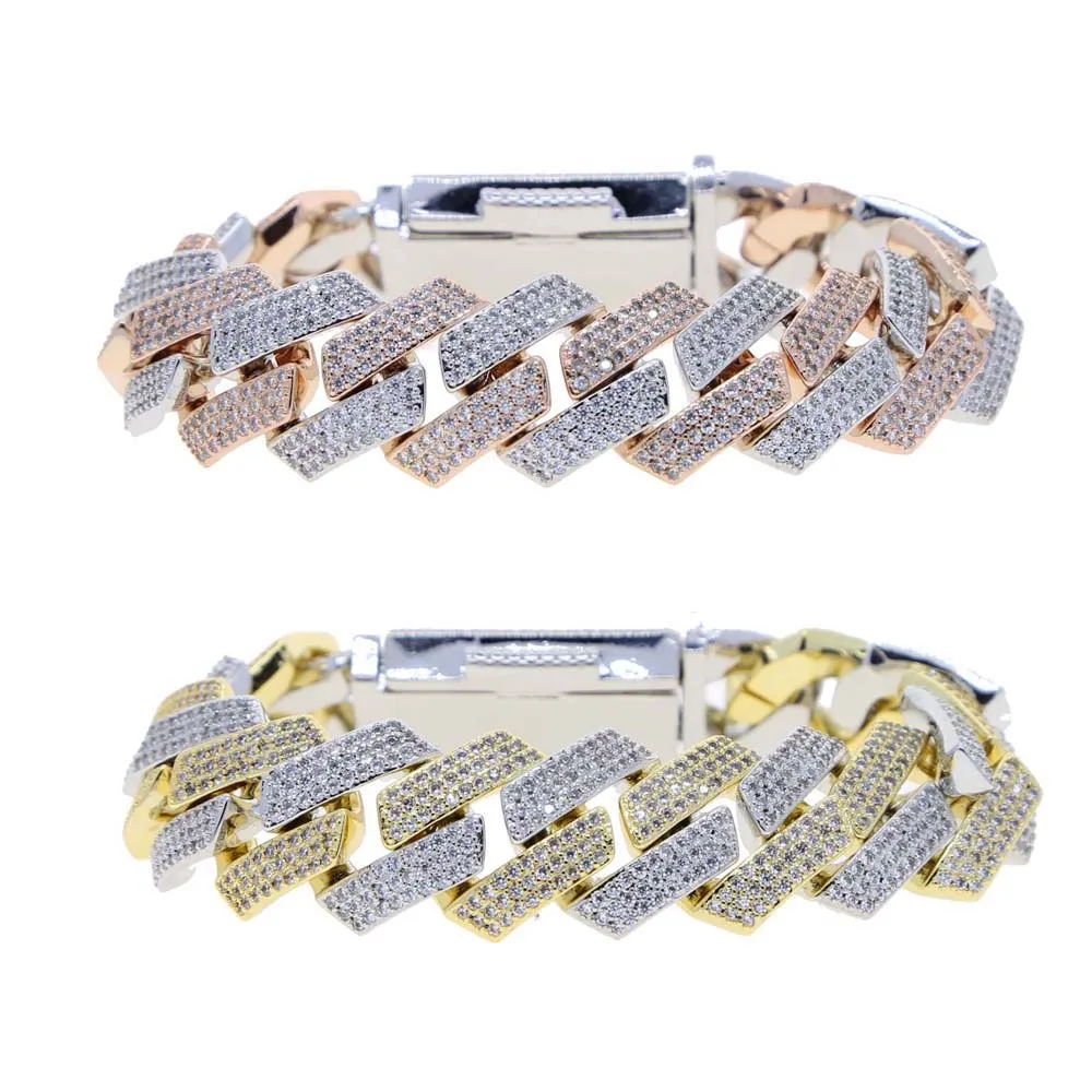 New Iced Out Cuban Link Bracelet For Men Prong Setting CZ Cubic Zirconia Two Tone Color Chain Bangle Hip Hop Jewelry