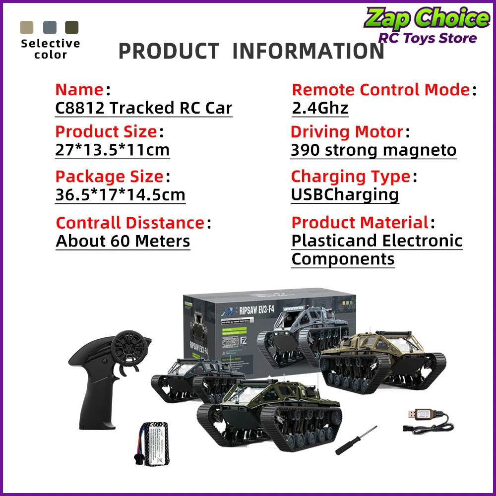 Carro RC Tanque Tracked JJRC C8812 1/16 2.4G 4CH Totalmente Proporcional 360 °   Veículo Off-Road de Brinquedo 8KM/H com Luzes RTR, Presente para Crianças e Adultos