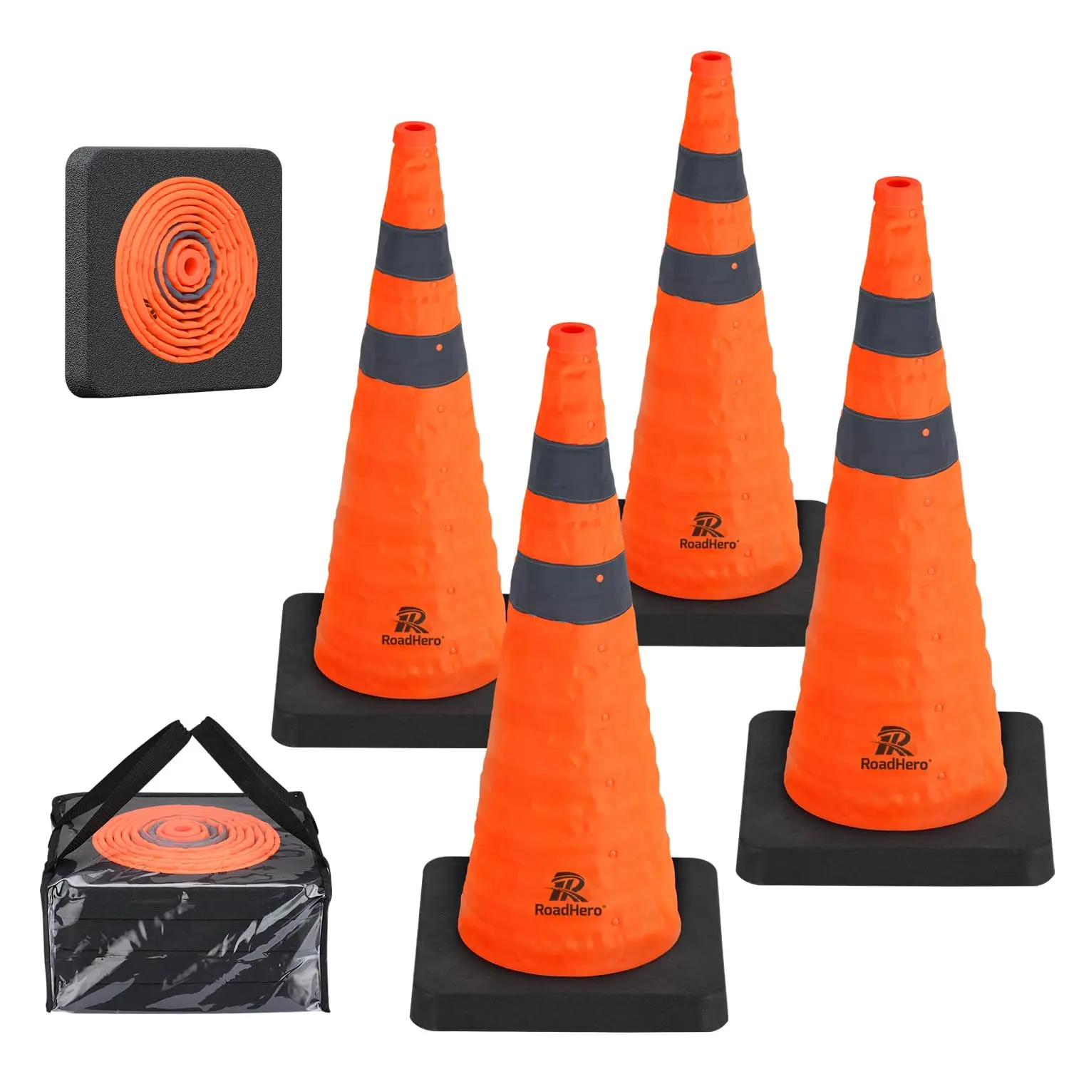 

28 Inch Collapsible Traffic Safety Cones with Black Weighted Base, Orange Reflective Collars for Road Safety, Driving Training, Parking Lots, 4 Pack