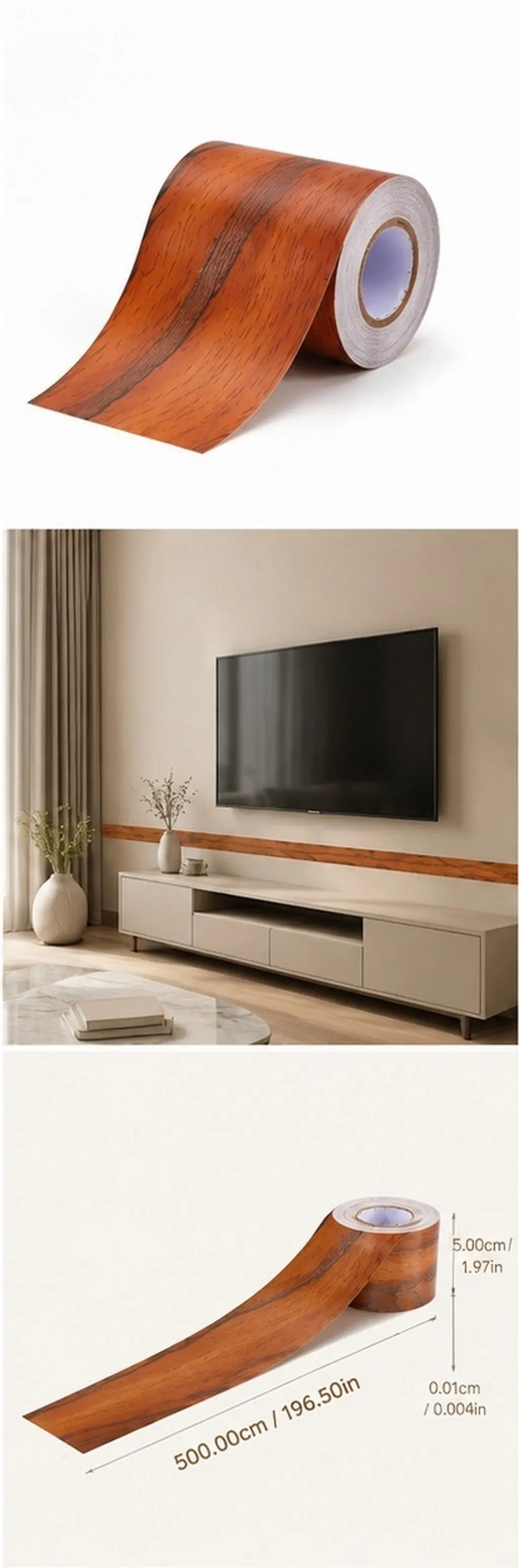 Self-Adhesive Wood Grain Peel and Stick Wallpaper for Home Decor Baseboard Waistline TV Background Wall Kitchen Bathroom