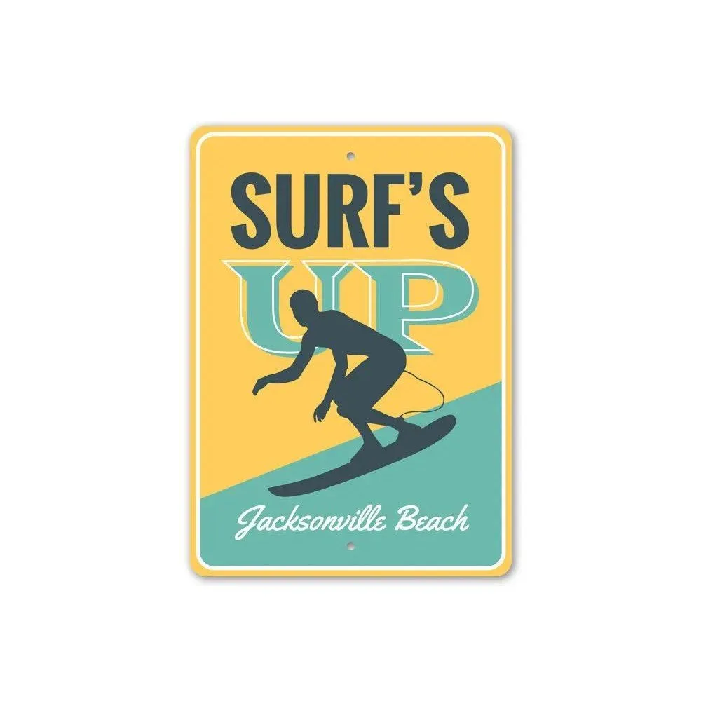 CIFbuy [2D Flat] Custom Metal Plaque, Retro Surfer Silhouette Beach Custom Text Wall Sign, Beach Lover Gift (Only For Decoration