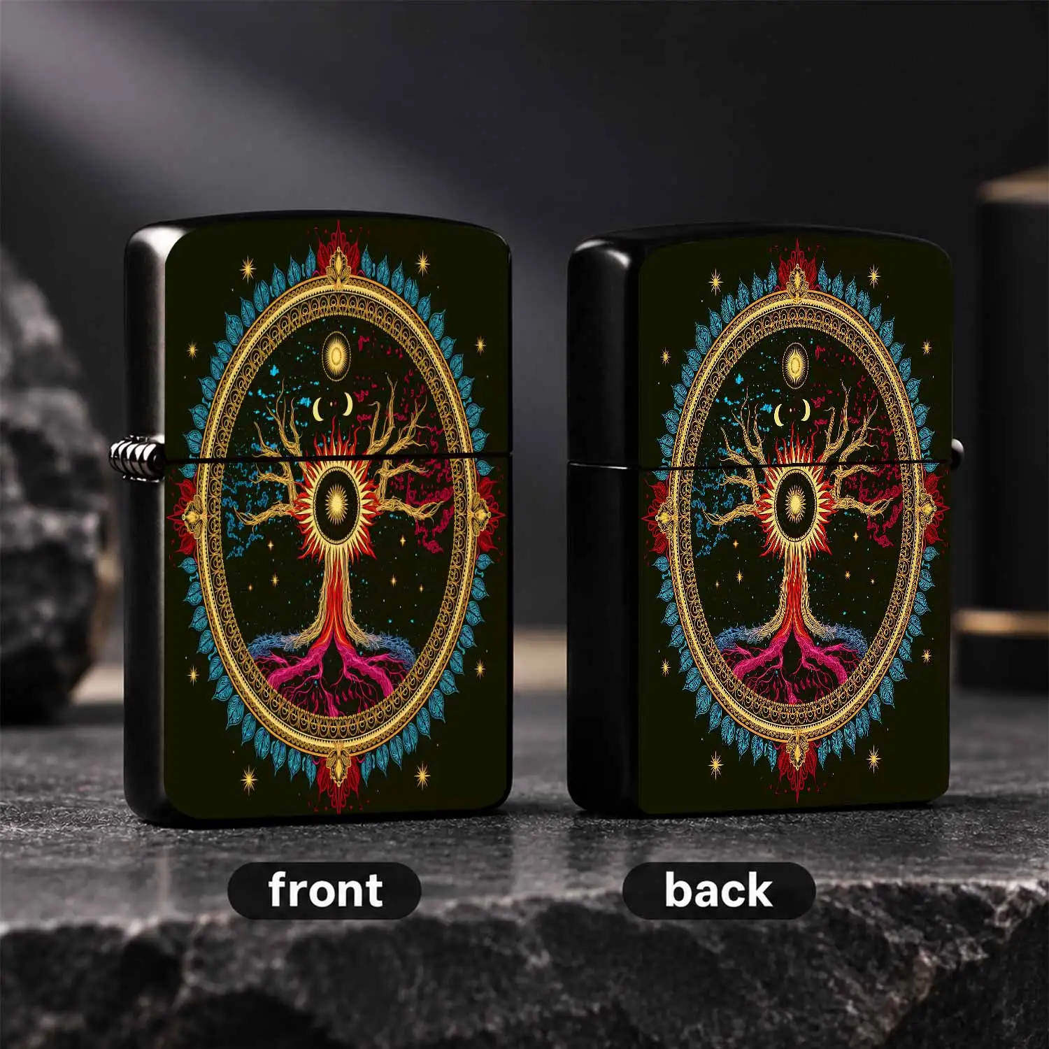 Vintage Mystical Tree Of Life Themed Portable Lighter, Exquisite Cosmic Celestial Sun Moon Totem Decor, Delicate Ornate Pattern Practical Daily Tool, Ideal For Personal Collection And Gifting Across All Scenes, Unique S A Humorous And Inter