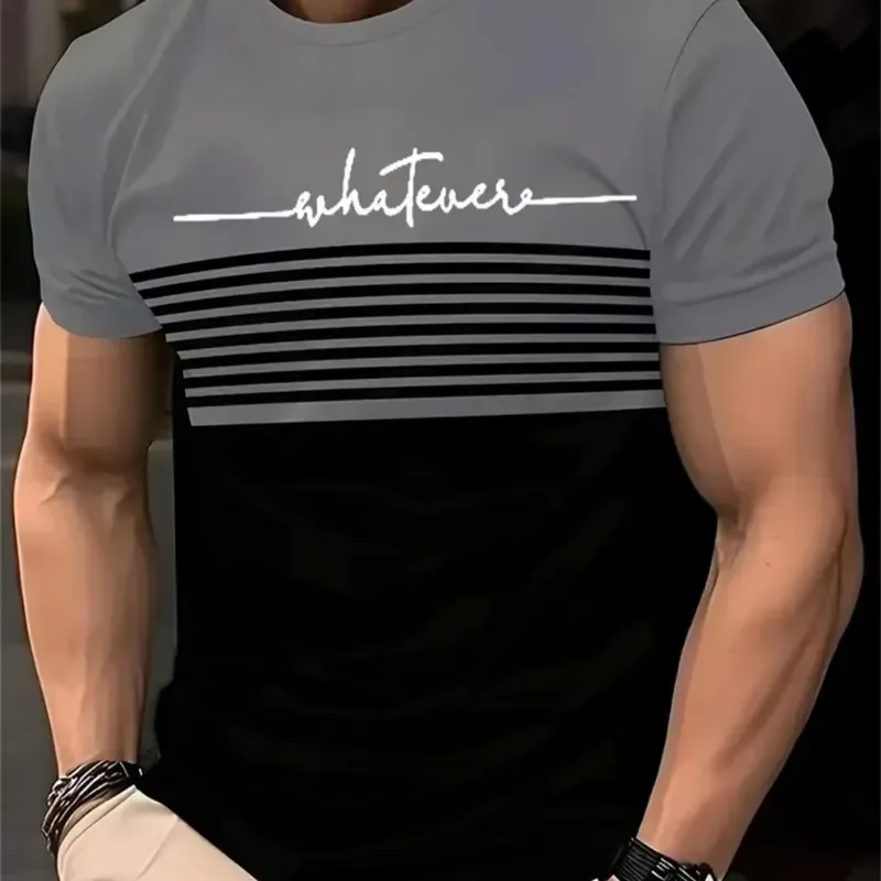 3D Digital Print Horizontal Stripe Patchwork Tshirt Men Letter Print Slim Fit Daily Streetwear Tops 2026 Fashion Casual Tee