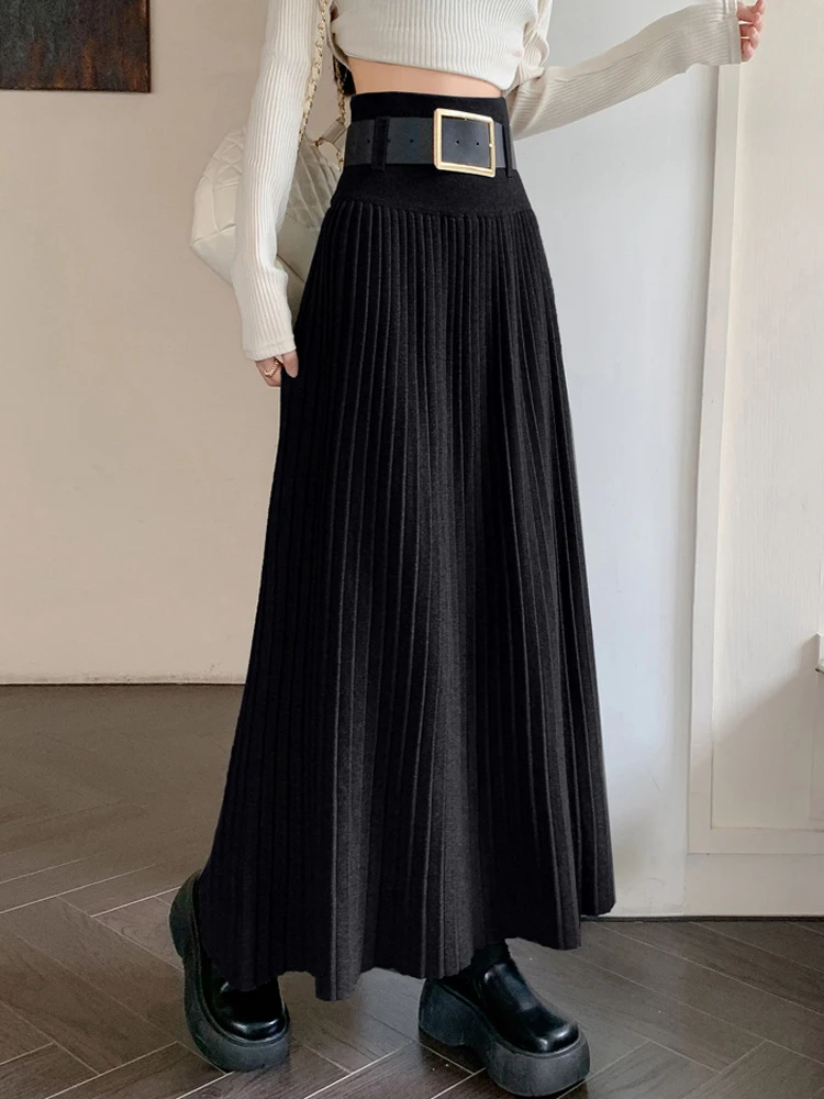 Autumn Winter Knitted Pleated Long Skirts For Women Clothing Elastic High Waist Slim Elegant Umbrella Skirt Casual Office Lady