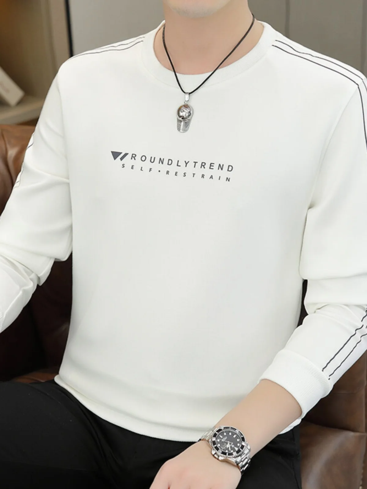 

Spring Autumn Men's Hoodie Trendy Letter Print Long Sve Overhead Casual Spor Striped T-irt Polyester Viscose Spandex