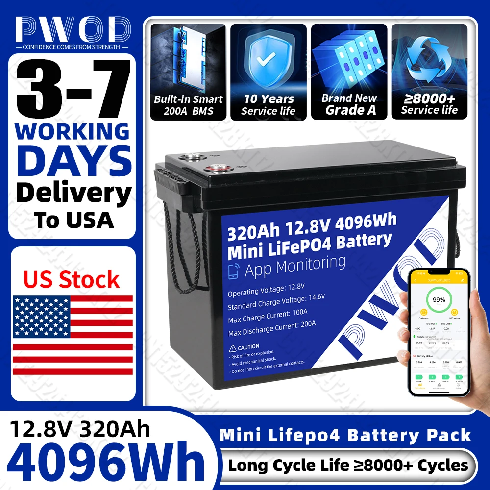 US Stock 12V 320Ah LiFePo4 Battery with BT 4S 200A BMS 8000 Cycles Grade A Lithium Iron Phosphate Battery For Camping EV RV BOAT