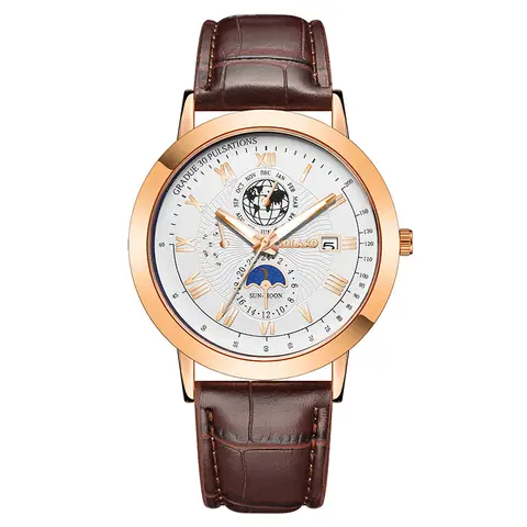 Quartz Watch For Men Leather Strap Moon Earth Calendar Fashion Casual Male Business Wristwatch Simple Stylish Boy Gifts