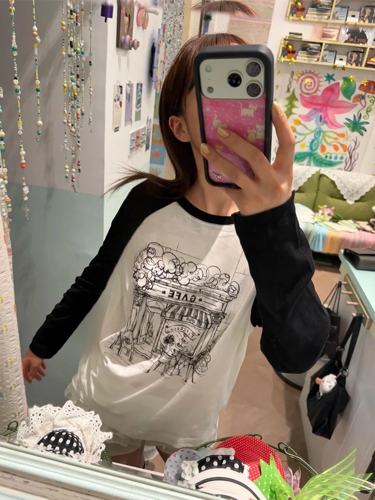Tonngirls Y2k Ästhetisches T-Shirt für Damen, Patchwork, Langarm, Bedruckte Grafik-Oberteile, Amerikanisches Retro-Vintage-Oberteil, Streetwear-T-Shirt – Detail 7