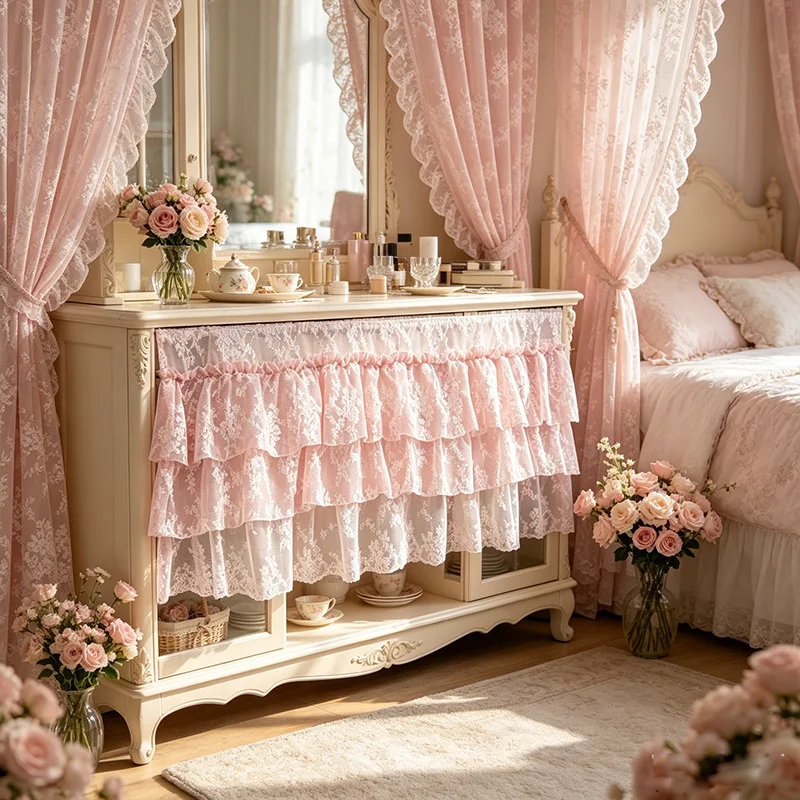 Korean Pink Romantic Ruffled Lace Cake Skirt Sheer Short Curtain Flower Jacquard Half Curtain For Living Room Wedding Home Decor