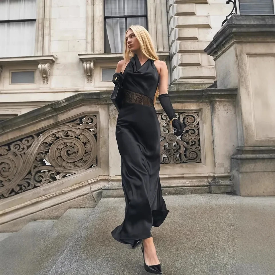 

2026 New Black Temperament Elegant Lace Patchwork Sexy Backless Sleeveless Cowl Neck Dress Women Fashion Versatile Long Dress
