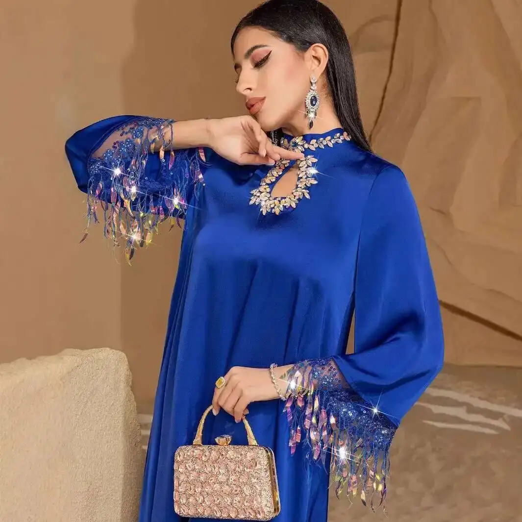 

Ba3147 Blue Iridescent Laser Gradient Tassel Abaya Long Dress Muslim Long Dress Robe Abaya Ramadan Dubai Luxury Islam Elegant