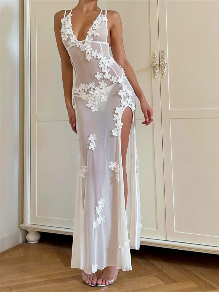 

Women See Through Mesh Long Dress 2024 Summer 3D Flower Sleeveless V Neck Split Midi Dress Beach Club Sexy Dresses Cover-ups