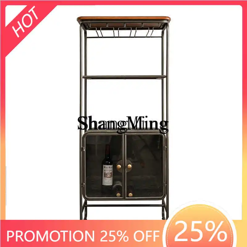 

ZYY retro wine cabinet living room against wall glass door floor-to-ceiling goblet upside down simple wrought iron wine rack