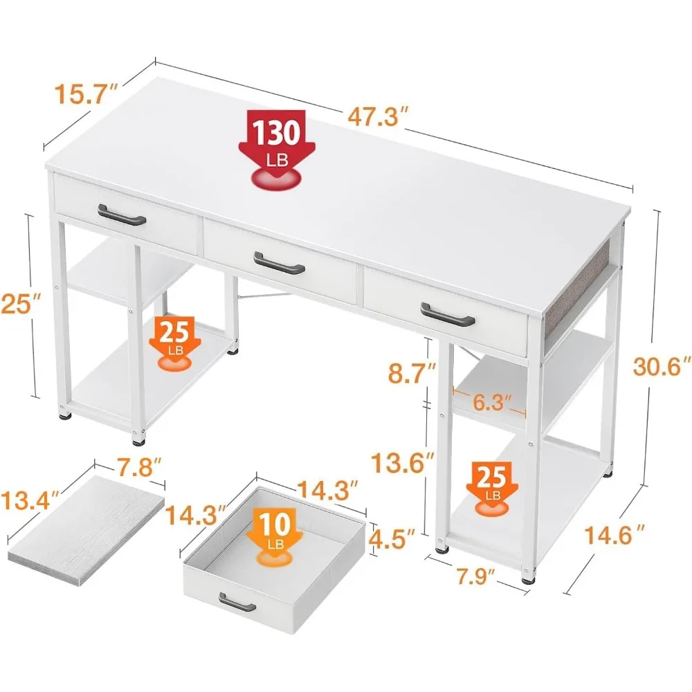 Bureau d'ordinateur moderne avec étagères de rangement, table de maison, égouts à proximité en tissu, petit bureau d'ordinateur, 48 po x 16 po