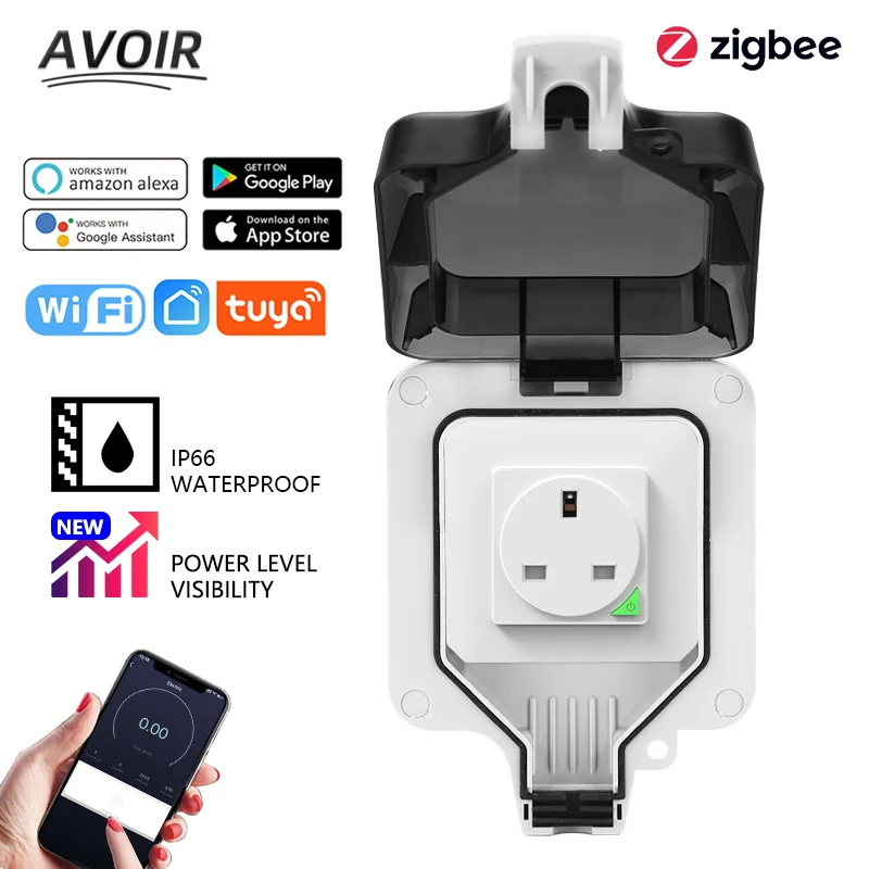 

Avoir Zigbee Tuya IP66 Wall Outdoor Waterproof Socket Smart Wifi Connected UK Plug With Timer Switch Work With Alexa Google Home