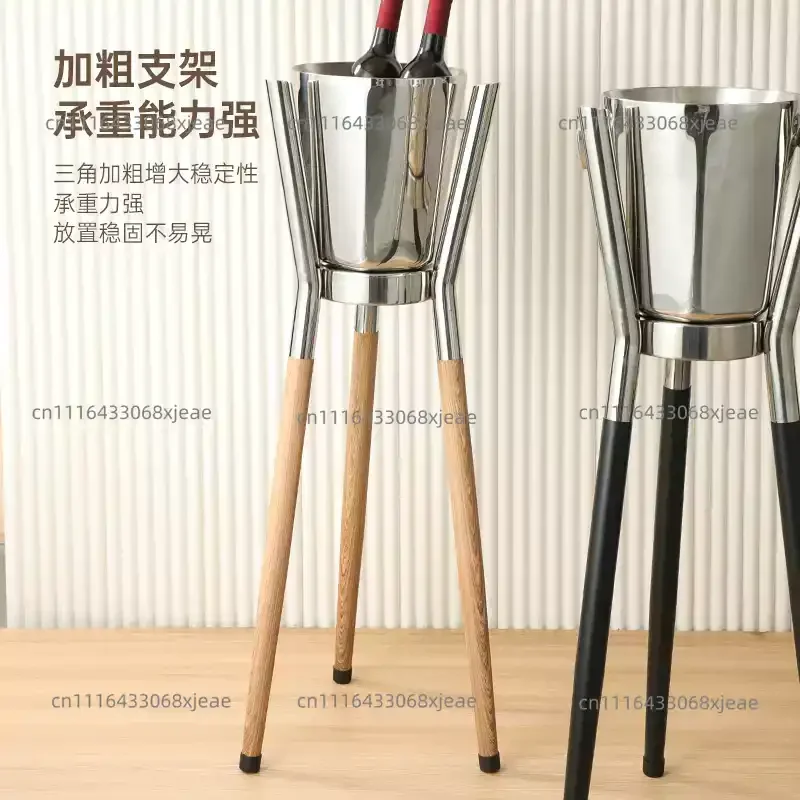 Stainless Steel Vertical Light‑Luxury Wine Cooler with Shelf, Bar Household Champagne Chiller Ice Container Set