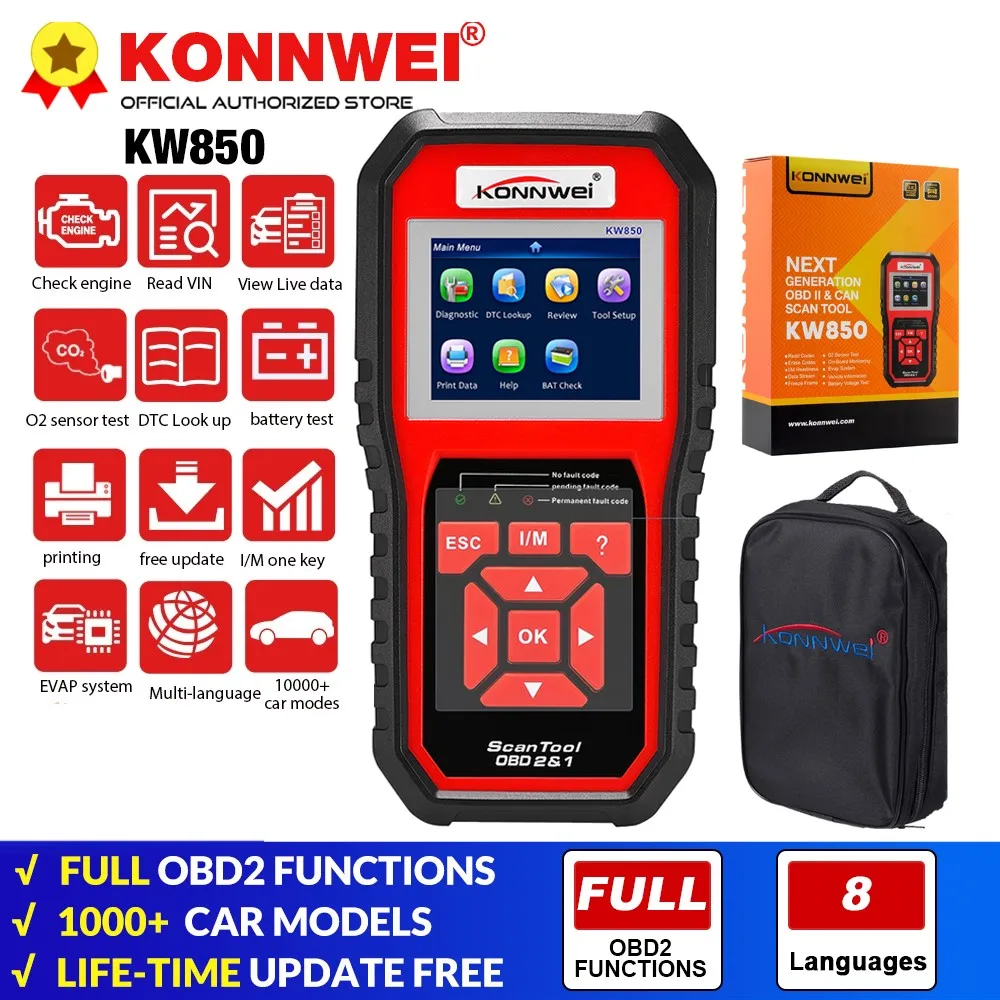 KONNWEI KW850 Full OBD2 Car Diagnostic Tools OBD 2 Auto Scanner Check Engine O2 sensor Battery Test OBDII Code Reader PK CR3008