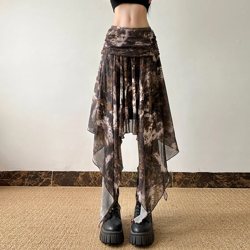 Brauner Y2K-Kurzrock aus Mesh für Damen, gothicischer, unregelmäßiger, süßer kurzer Rock, der geschichtet werden kann, Club-Party-Minirock mit plissierter Taille.