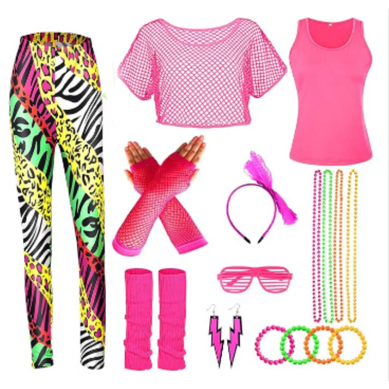 10Pcs/set Women 80s Fancy Workout Costume 80s Accessories Set Neon Mesh T-shirt Leg Warmers Gloves Earrings Necklace Fanny Pack