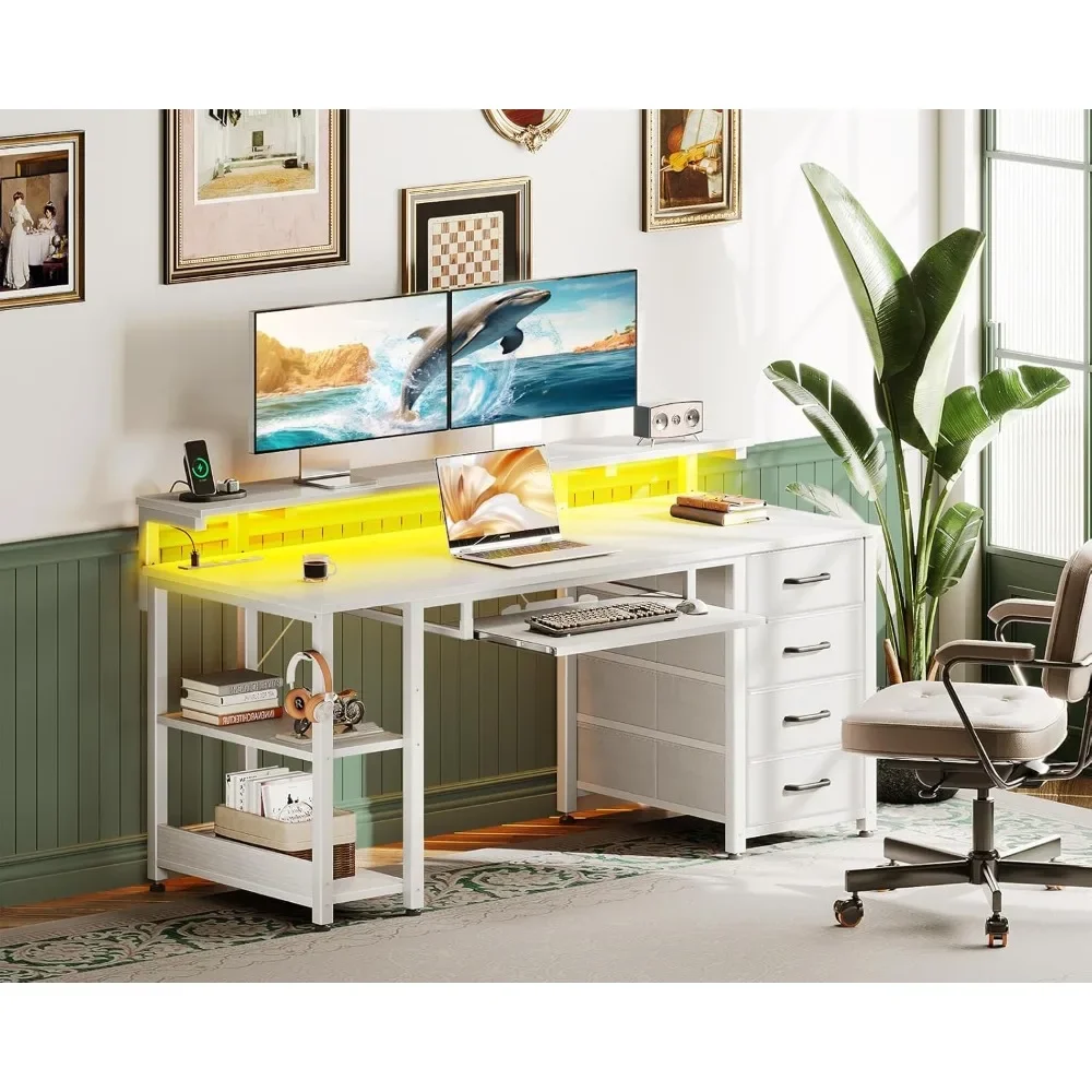 

63 Inch Computer Desk with Power Outlet and LED Light, Office Desk with Fabric Drawer and Keyboard Tray, Gaming Desk