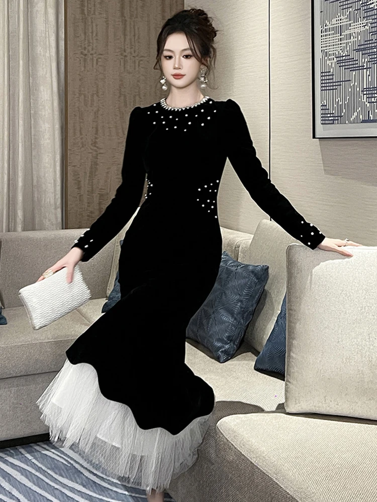 Frauen Kleidung Retro Samt Mesh Oansatz Schlank Meerjungfrau Kleid Elegante Abend Party Geburtstag Vestido Robe Casual Neue Formale Anlass