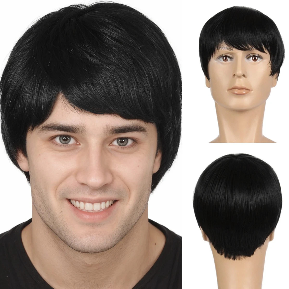 BCHR Mens Black Wig Short Synthetic Halloween Daily Costume Soft Natural Hair Wigs