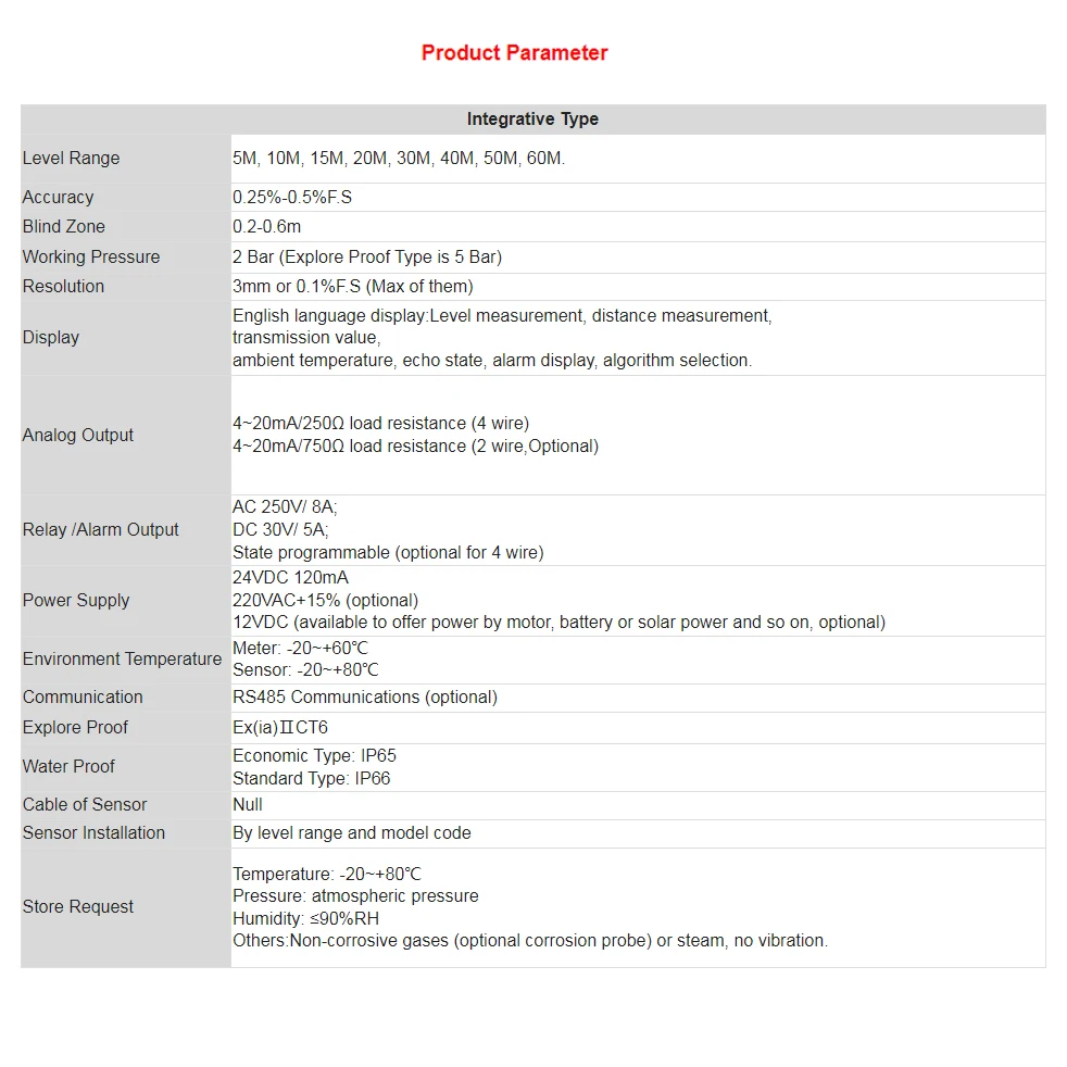 Enhanced Integrated-Type Ultrasonic Liquid Level Meter 4-20mA RS485(Optional) Fuel Water Sensor Non-Contact Transmitter