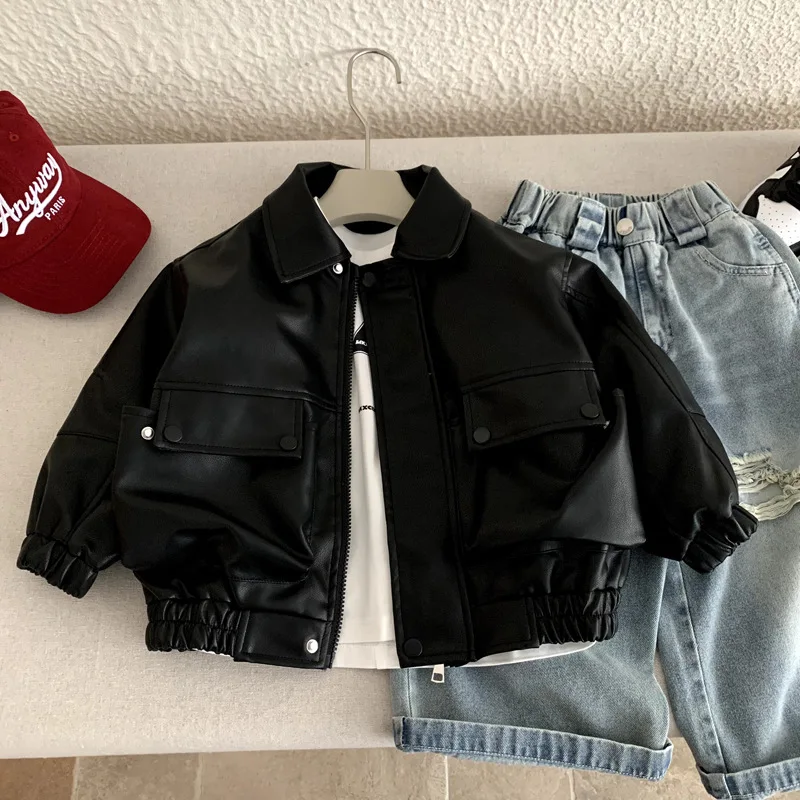 2026 Spring and Summer New Childrens Clothing Korean Style Boys and Girls Foreign Style Ruffian Handsome Leather Jacket