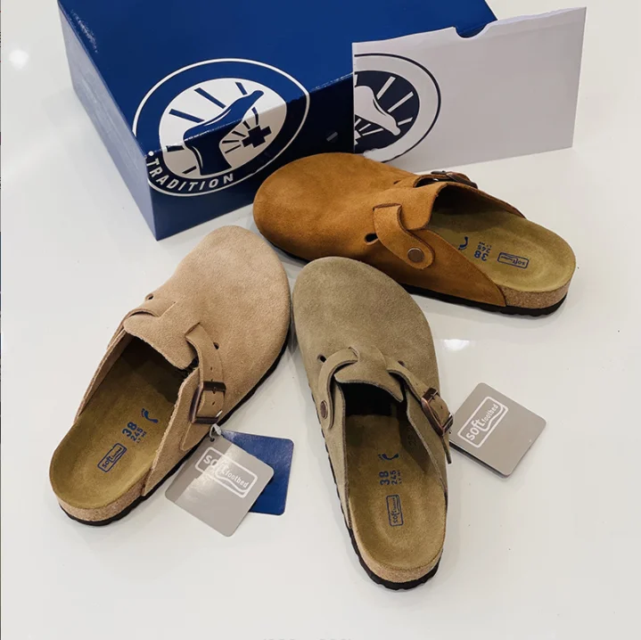 Nuevo Zapatillas Boken de fondo suave de piel de vaca 100% para hombres y mujeres, prendas de vestir exteriores Boken Half Drag