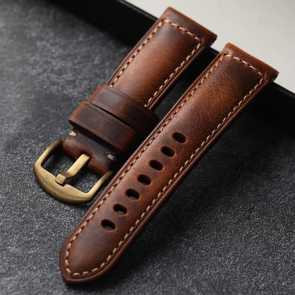 Handmade Vintage Leather Strap 20MM 22MM 24MM Brown Head Layer Cowhide Thick Brass Buckle Watch Bracelet