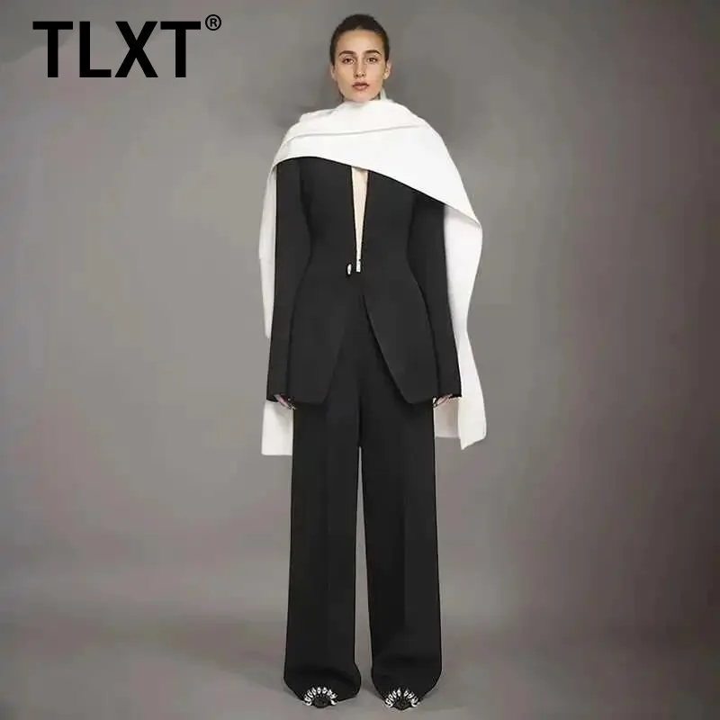 

TLXT Fashion Fake 2 Pcs Set Women's Scarf Collar Metal Button Fake 2 Piece Blazer High Waist Straight Pant Suit New XK1450