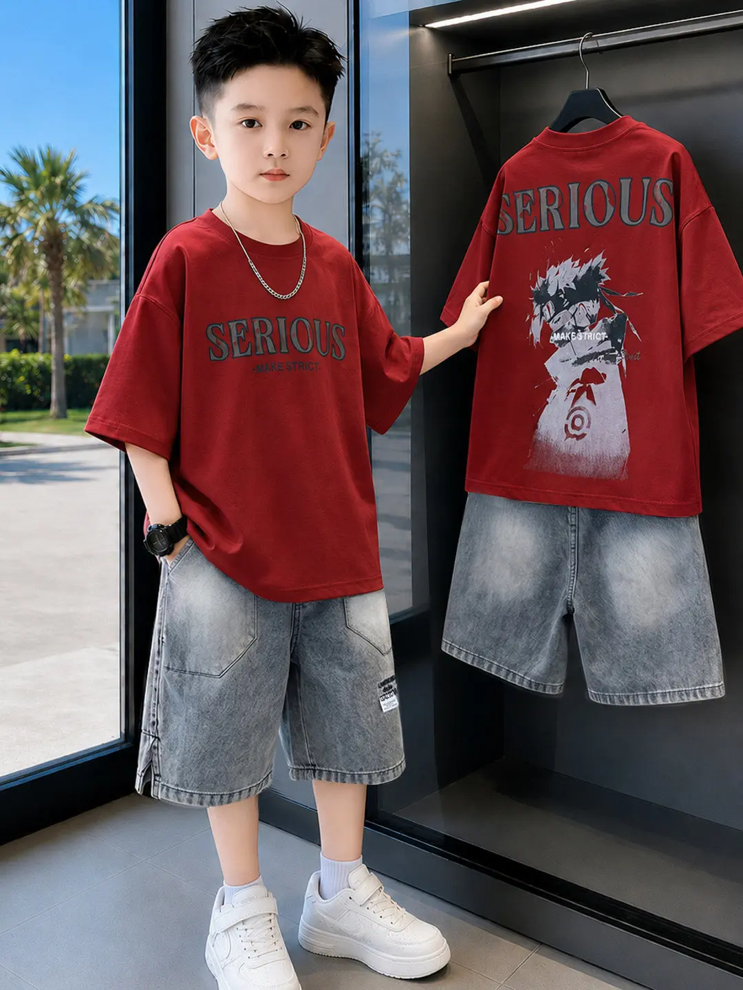 男の子用サマーカジュアルコットンデニムショートパンツセット半袖ファッショナブルでトレンディな通気性のある軽量で快適な着心地吸汗性洗濯可能