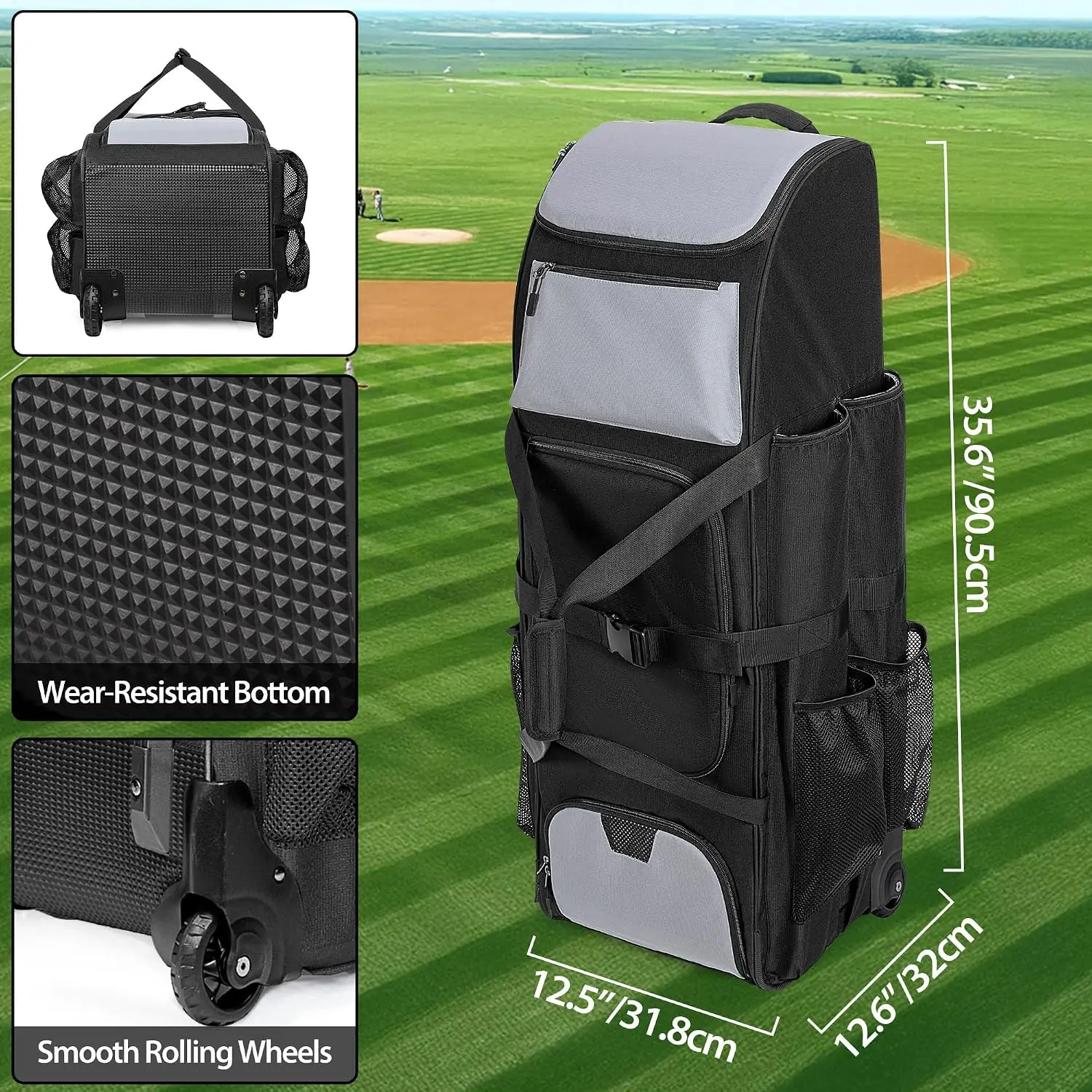 Rolling Baseball Bag Large Softball Catchers Gear Bag With Wheels Softball Equipment Bag Holds Four Bats Shoe Compartment Glove Pocket Baseball Catchers Bag With Hook view 5