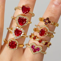 Fashion Red Zircon Love Stainless Steel Adjustable Ring for Women Bride Wedding Jewelry Ring Accessories Anniversary Gift