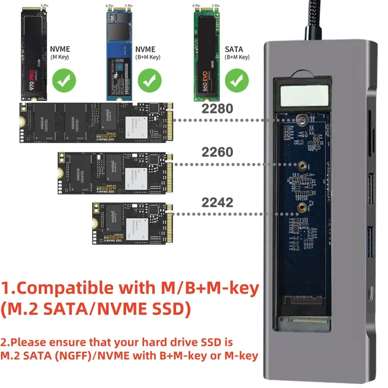 USB C Splitter Hub M.2 SATA / NVME SSD 4K HDMI Port USB 3.0 10Gbps Adapter PD 100W Aluminum Alloy HUB Expander For PC Laptop