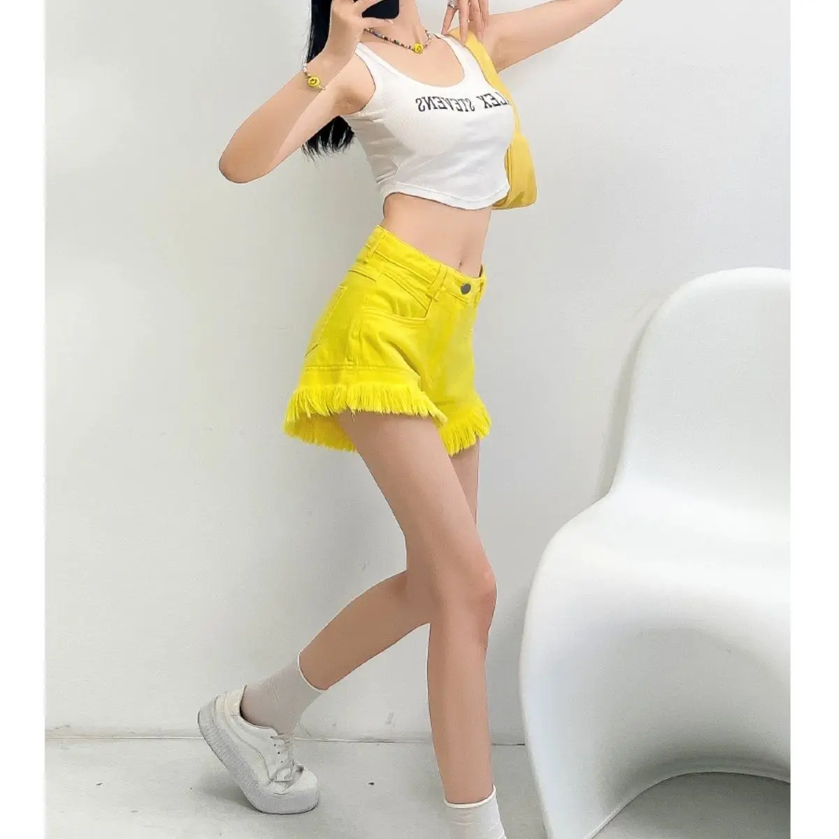 2025 Summer New Women's High Waisted Slimming Tassel Edge Denim Shorts Hot Pants Yellow