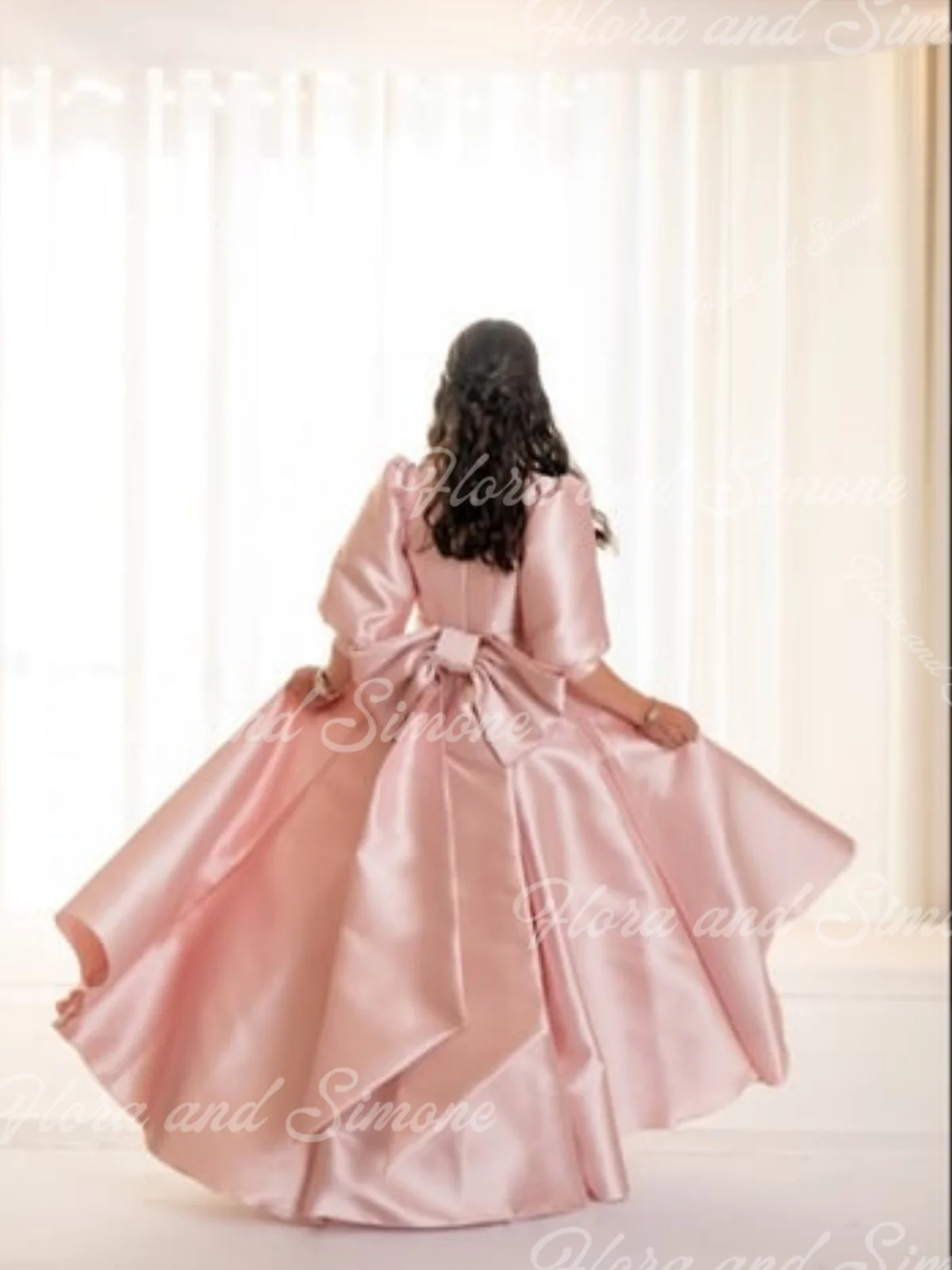 Elegant Pink Satin High Neck Long Puffy Sleeves Flower Girl Dress for Children's Sacrament Birthday Bridesmaid Dress Customize