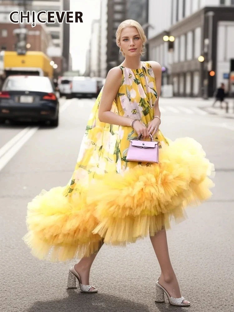 

CHICEVER Patchwork Mesh Oversize Dresses For Women O Neck Sleeveless Off Shoulder High Waist Hit Color Print Summer Dress Female