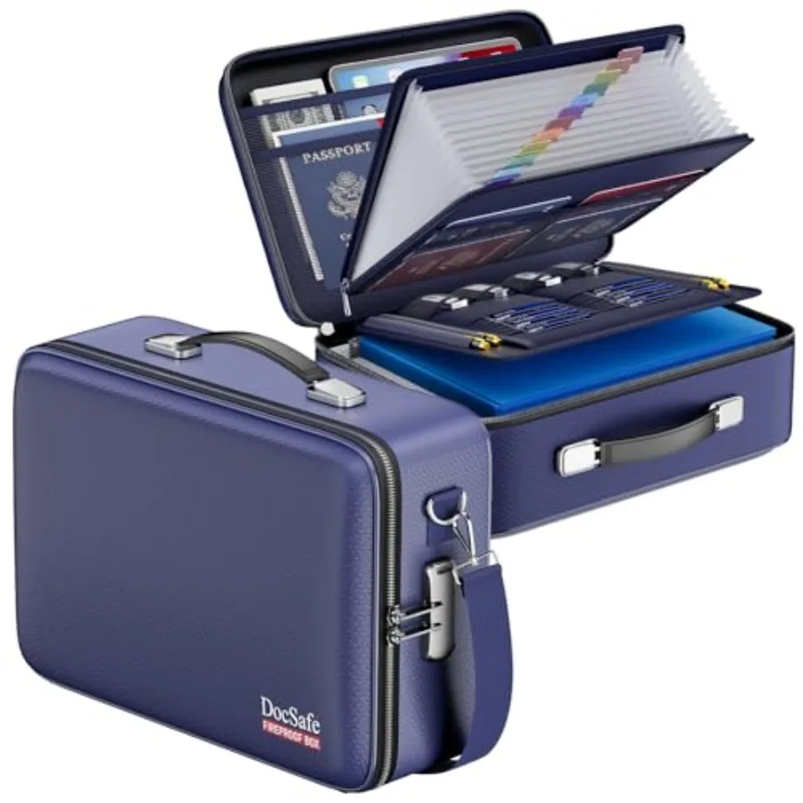 

Fireproof Document Box with Lock＆Shoulder Strap, Hard Case File Organizer with Accordion File Folder, Multi-Layer Portable Home