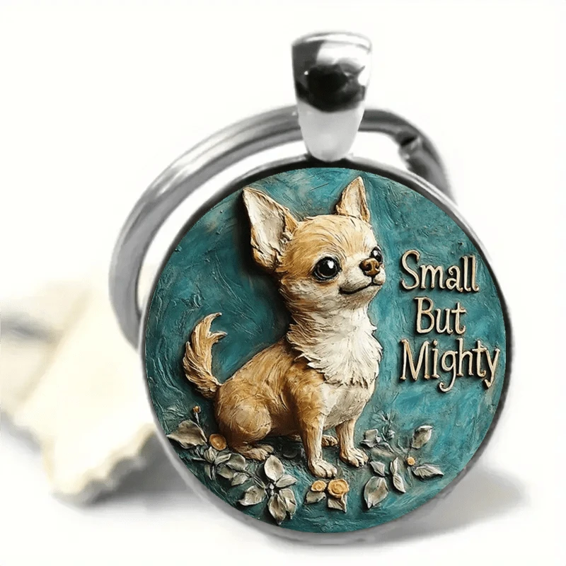 Porte-clés vintage Chihuahua avec inscription "Petit mais puissant", accents floraux, design en alliage de zinc, cadeau durable pour les amoureux des animaux.