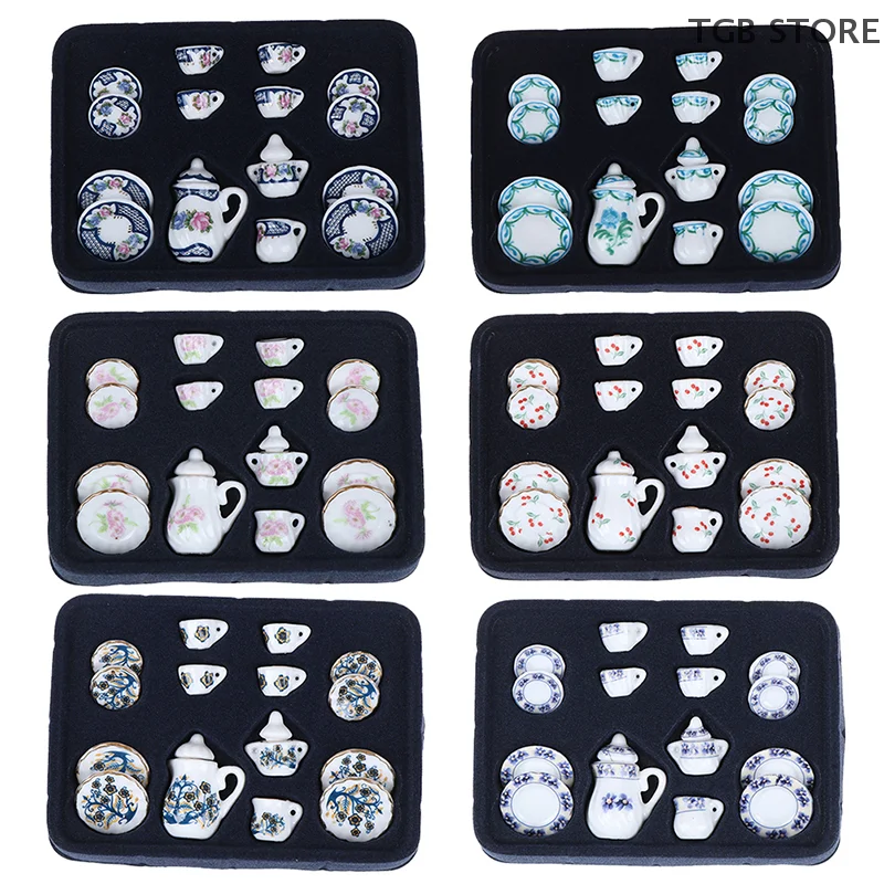 1Set 1:12 Miniature Porcelain Tea Cup Set Chintz Flower Tableware Kitchen