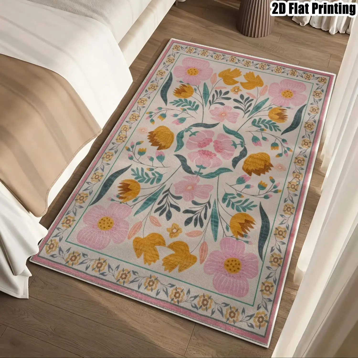 1Pc 2D Printed Velvet Carpet: Light Beige Base, Pink Flower Pattern Nordic/Instagram/Modern Minimalist/European/Retro Style, Home Decor, Multi-Size, Machine Washable, for Entrance, Dining, Foyer, Living Room, Bedroom.