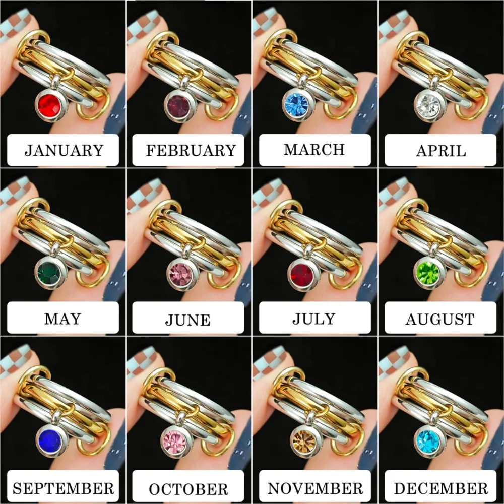 INS Trendy Two Color Three Rings Stacking Set For Women 12 Month Birthstone Zircon Pendant Spinelli Ring Unique Finger Jewelry