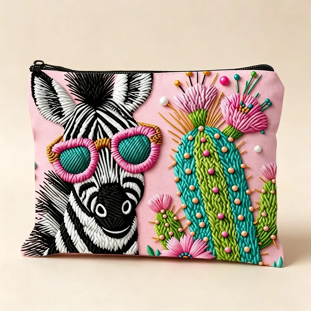 Cute Sunglasses Zebra & Cactus Floral Print Ladies Cosmetic Pouch Portable Travel Zipper Makeup Storage Organizer Bag