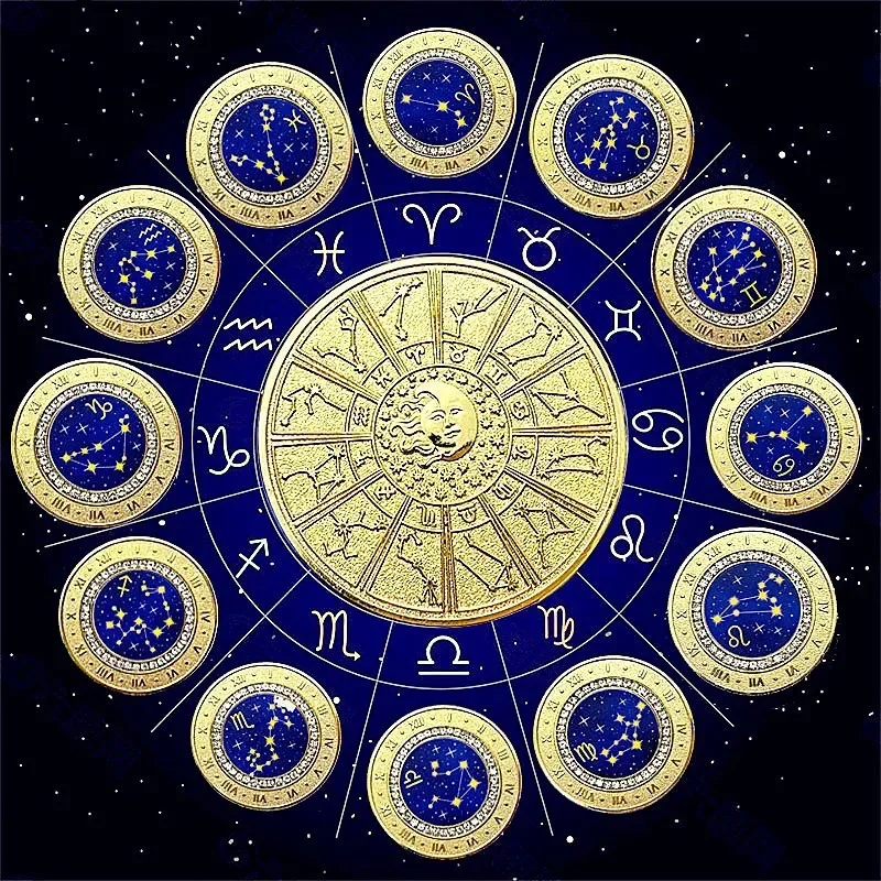 Twelve Constellations Gold Plated Coin Blue With Diamond Abstract Art Zodiac Coin Set Collectible Coins Crafts Gifts